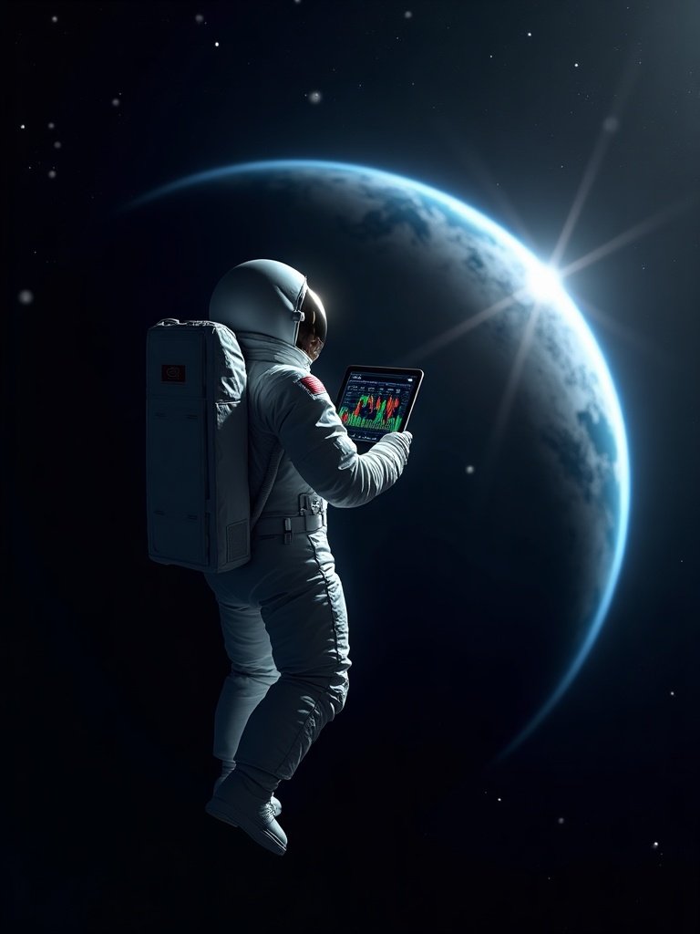 Astronaut reading market charts in orbit